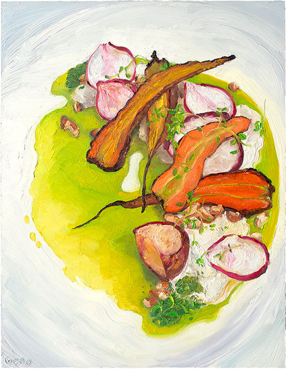 Burrata and Roasted Carrots, original artwork by Mike Geno