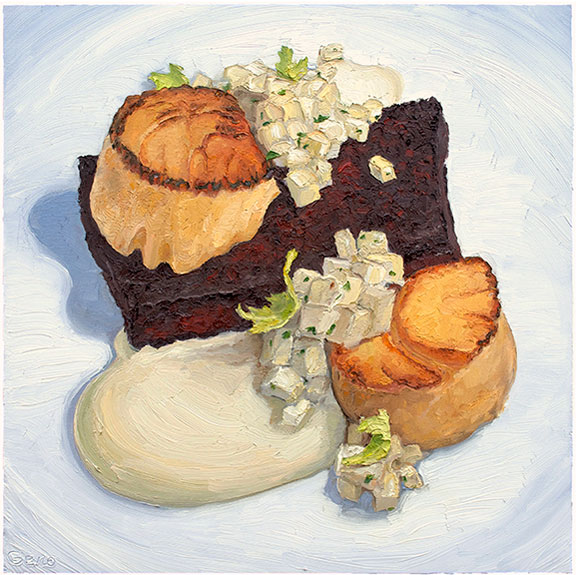 Scallops and Black Pudding, original artwork by Mike Geno
