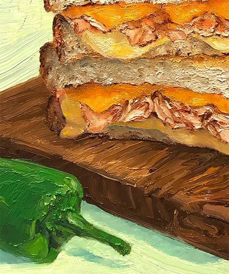 Detail View of Santa Fe Chicken Sandwich, original artwork by Mike Geno