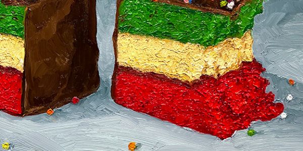 Detail View of 3 Rainbow Cookies, original artwork by Mike Geno