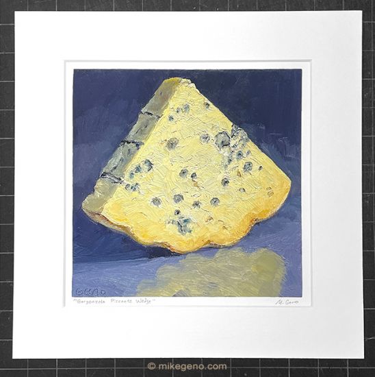 matted print of Gorgonzola Piccante Wedge, original artwork by Mike Geno