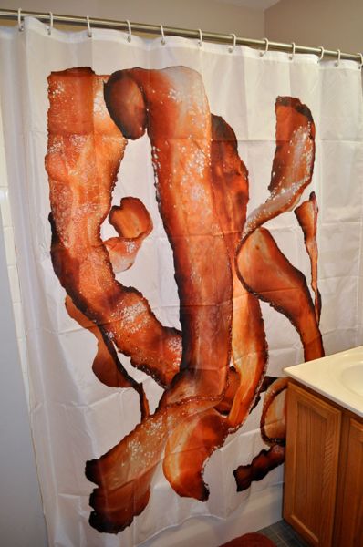 Image 2 of Bacon Strips shower curtain, original artwork by Mike Geno