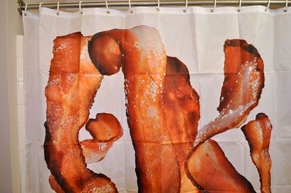 Image 3 of Bacon Strips shower curtain, original artwork by Mike Geno