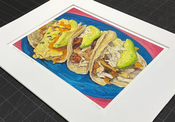 Image 2 of matted print of Taco Heart Breakfast Tacos, original artwork by Mike Geno
