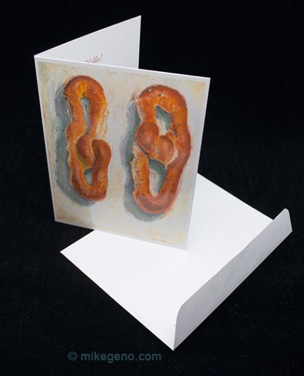 Pretzels greeting cards & envelopes 6pk, original artwork by Mike Geno