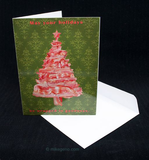 Bacon Tree holiday cards and envelopes 6pk, original artwork by Mike Geno