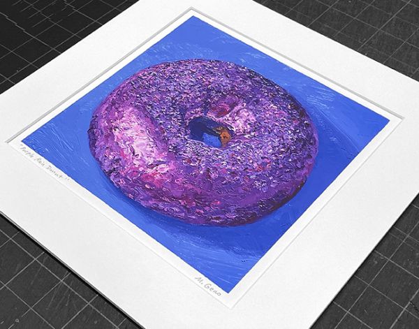 Image 2 of matted print of Purple Rain Donut, original artwork by Mike Geno