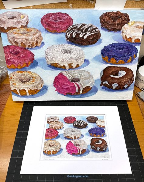 Image 4 of matted print of Dozen Donuts, original artwork by Mike Geno