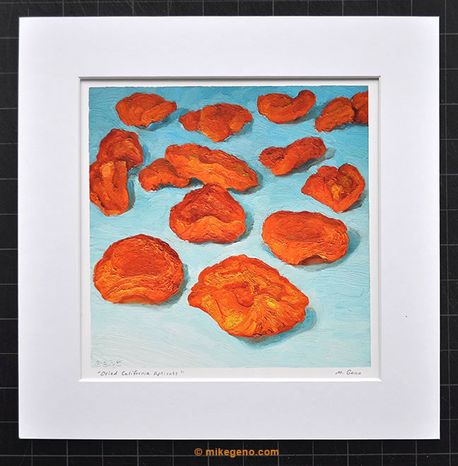matted print of Dried California Apricots, original artwork by Mike Geno