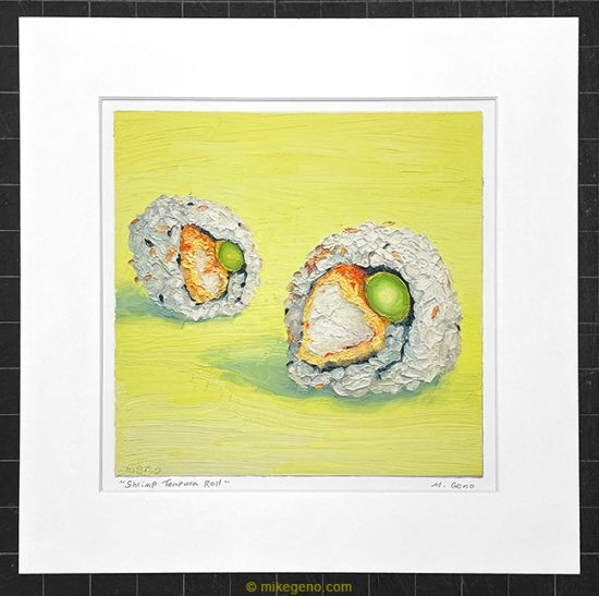 matted print of Shrimp Tempura Roll, original artwork by Mike Geno